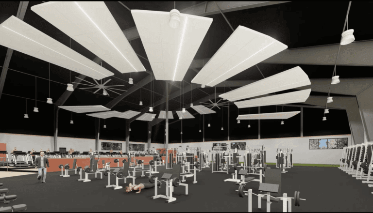 Rendering of Peak Fitness Coeur d'Alene's newly remodeled weight room, featuring updated flooring, modern strength equipment, and elevated lighting design for an improved workout experience.